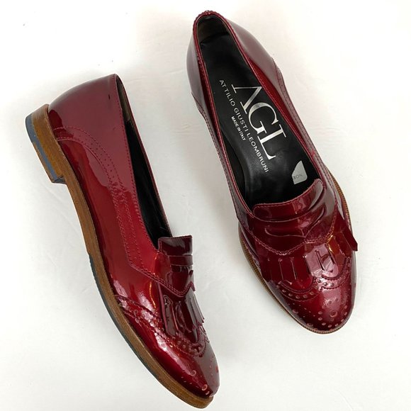 AGL Red Patent Shiny Fringe Wingtip Italian Loafers Womens 37 - Picture 1 of 10
